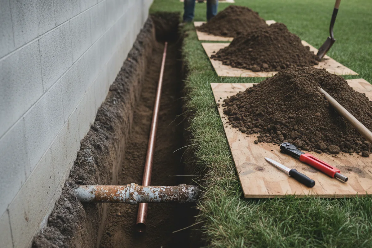 Excavated water line trench during Sewer Line Repair in Flora